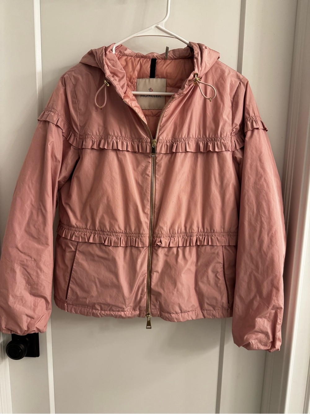 Moncler Prague, Light Pink Hooded Ruffle-Trim Bomber Jacket, Excellent Condition